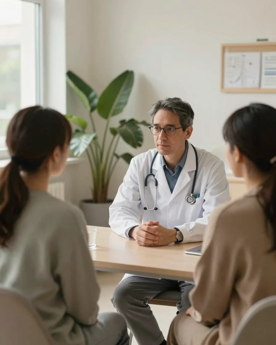 Editorial healthcare photograph, soft natural daylight, a clinician in attentive conversation with a patient in a calm h