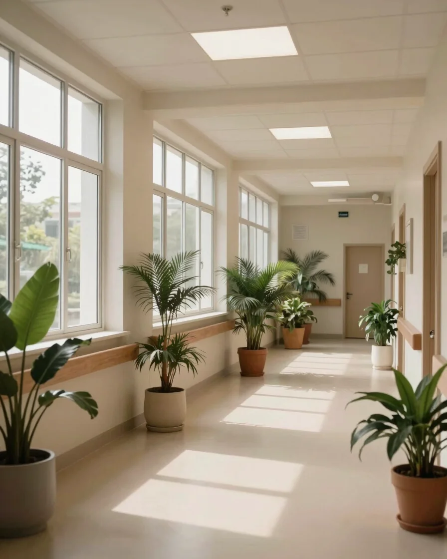 Editorial healthcare photograph of an Ayurvedic hospital interior