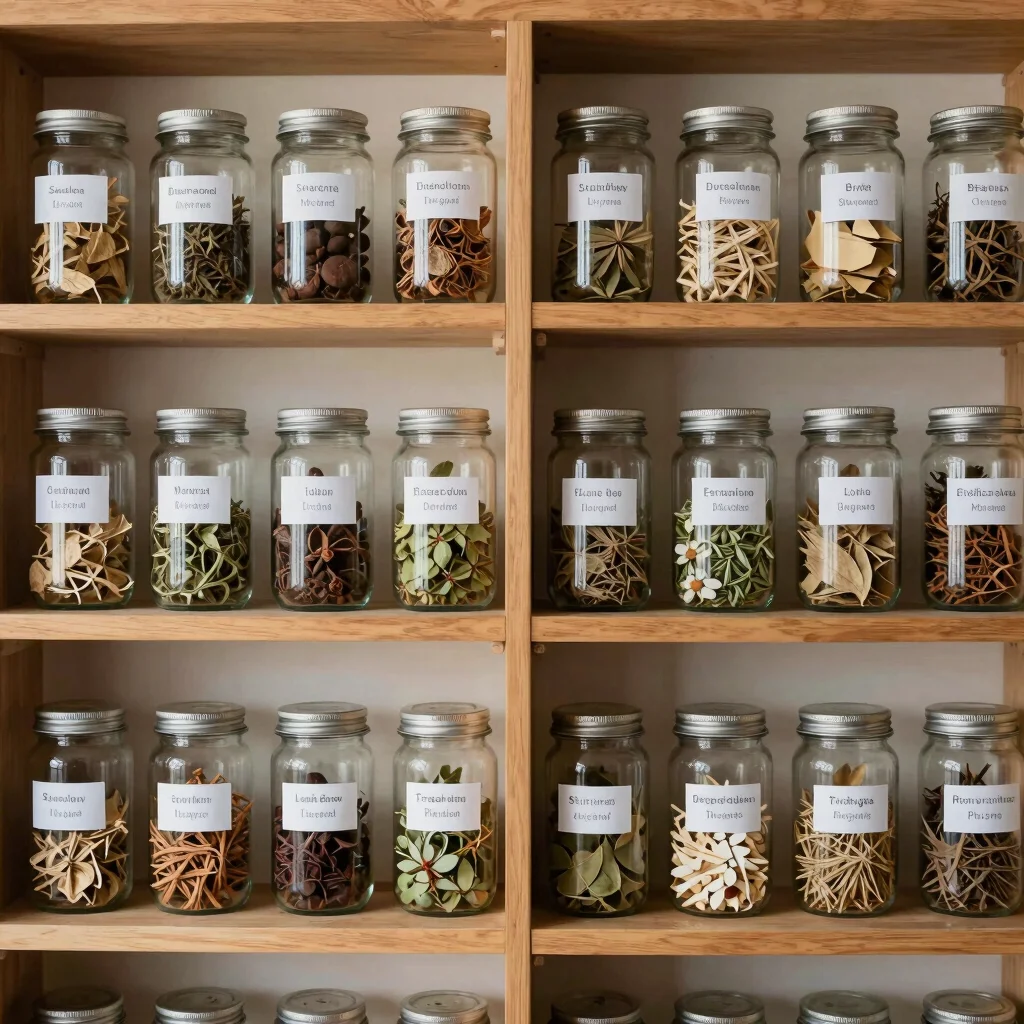 Editorial healthcare photography, soft natural daylight, close detail of neatly arranged glass jars and labelled herbal