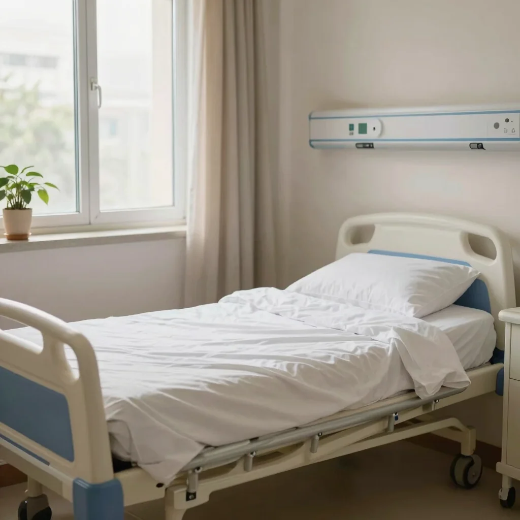Editorial healthcare photography, soft natural daylight, a well-ventilated inpatient room with a made bed and clean whit